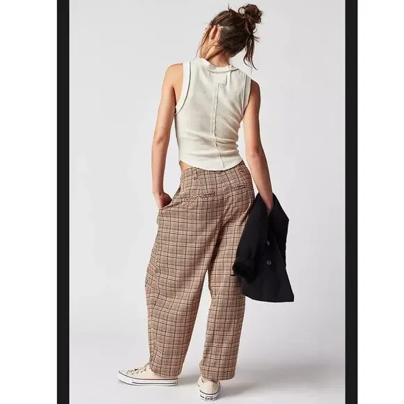 Free People Turning Point Barrel Leg Trousers Pants Neutral Combo Plaid Size 4 - Picture 9 of 14
